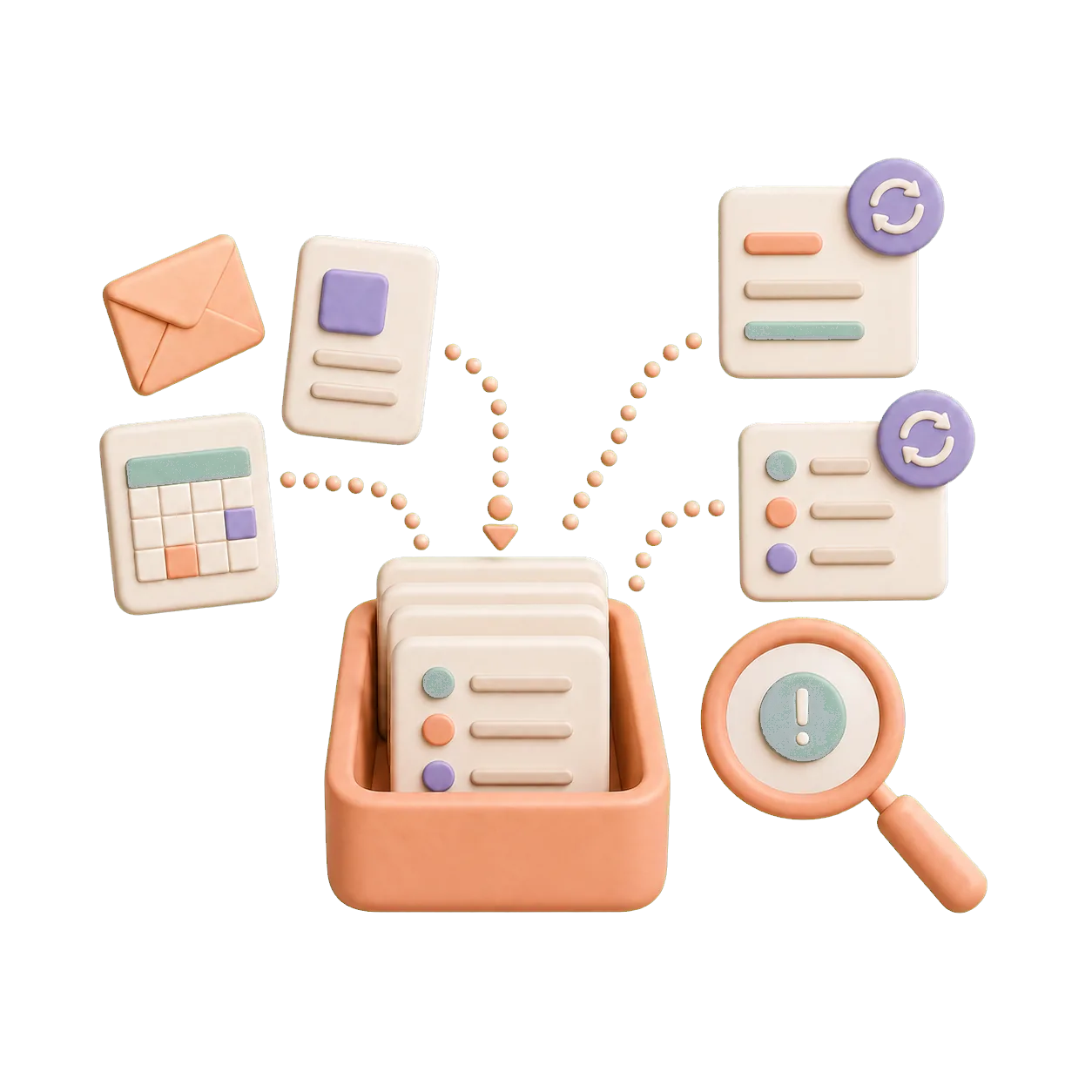 Scattered business inputs being mapped, inspected and organized into a structured workflow