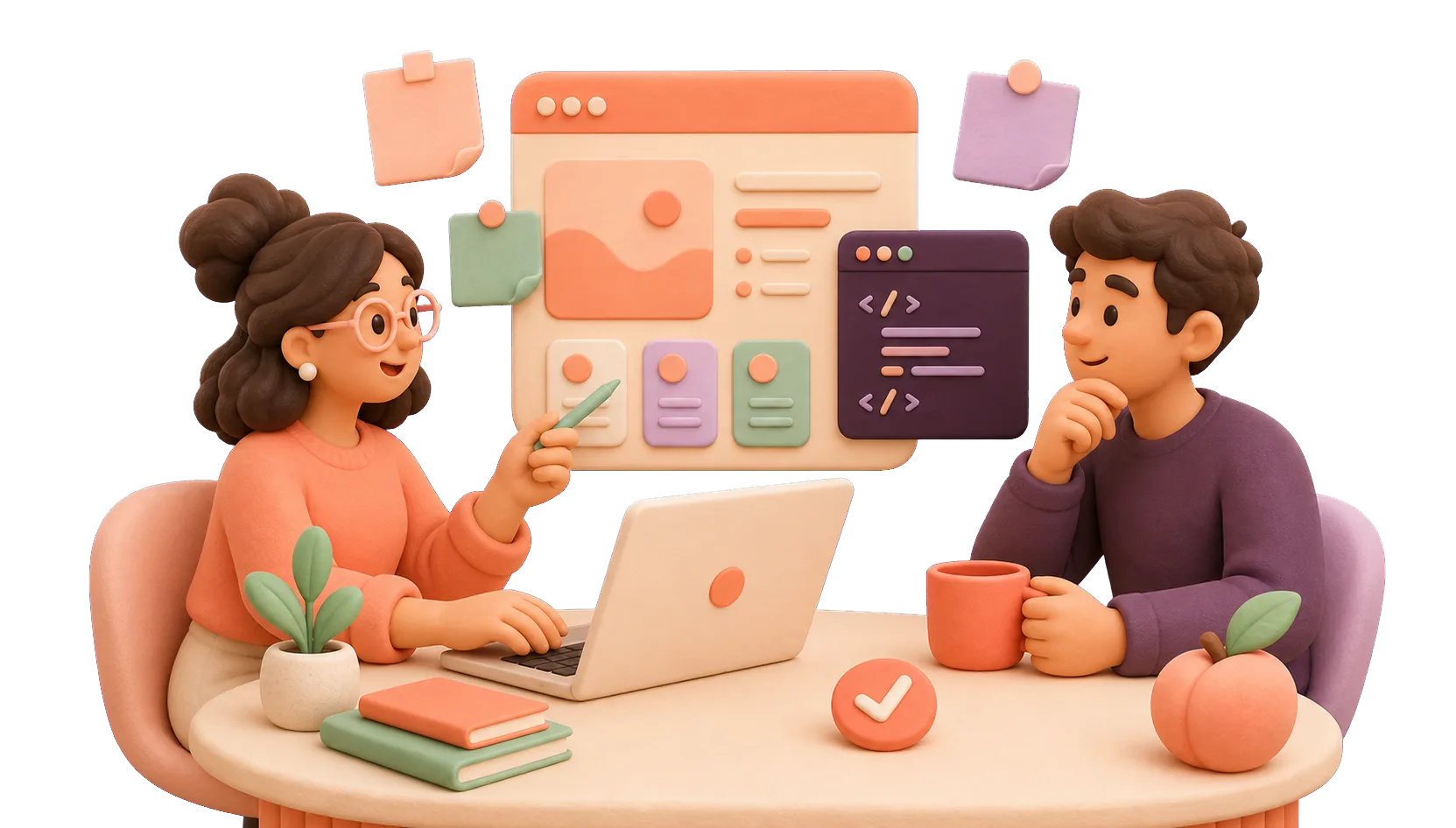 Illustration of two people reviewing a website design together at a laptop
